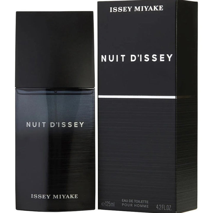  Issey Nuit 4.2 oz EDT bottle at Paris Connection Perfumes, featuring its dark and bold packaging with a woody fragrance.