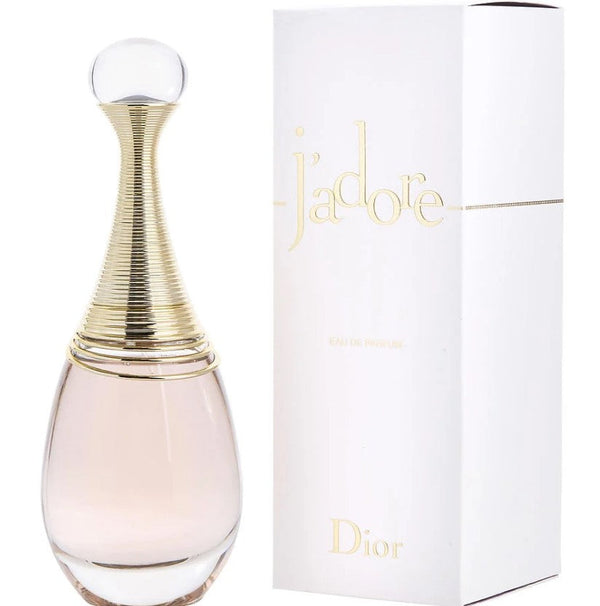 J'adore 3.4 oz EDP bottle at Paris Connection Perfumes, showcasing its luxurious golden design and floral scent.

