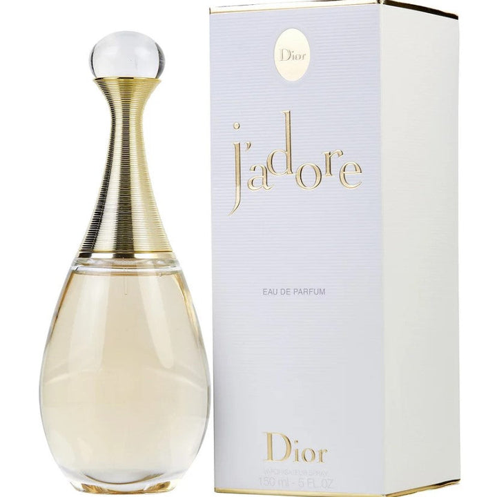 J'adore 5 oz EDP bottle at Paris Connection Perfumes, featuring its iconic shape and luxurious floral fragrance.