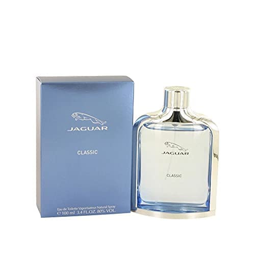 Jaguar Blue 3.4 oz EDT bottle showcased at Paris Connection Perfumes, featuring a blend of citrus and aromatic notes.