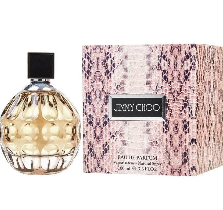 Jimmy Choo 3.3 oz EDP displayed at Paris Connection Perfumes, capturing the essence of femininity with its elegant blend of floral and fruity notes.