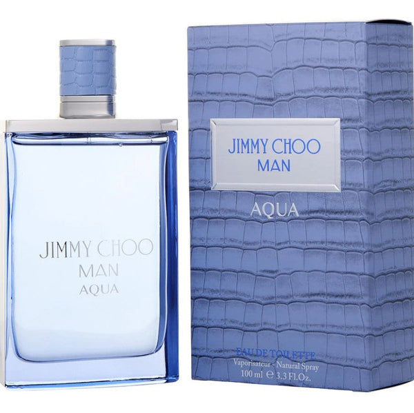 Jimmy Choo Aqua 3.3 oz EDT featured at Paris Connection Perfumes, capturing a fresh and invigorating scent with aquatic notes and a hint of citrus for a lively fragrance experience.