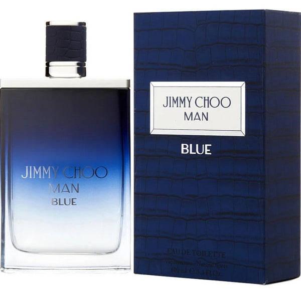 Jimmy Choo Blue 3.3 oz EDT for men showcased at Paris Connection Perfumes, featuring a refreshing and aromatic fragrance with notes of grapefruit and marine accords for a vibrant essence.