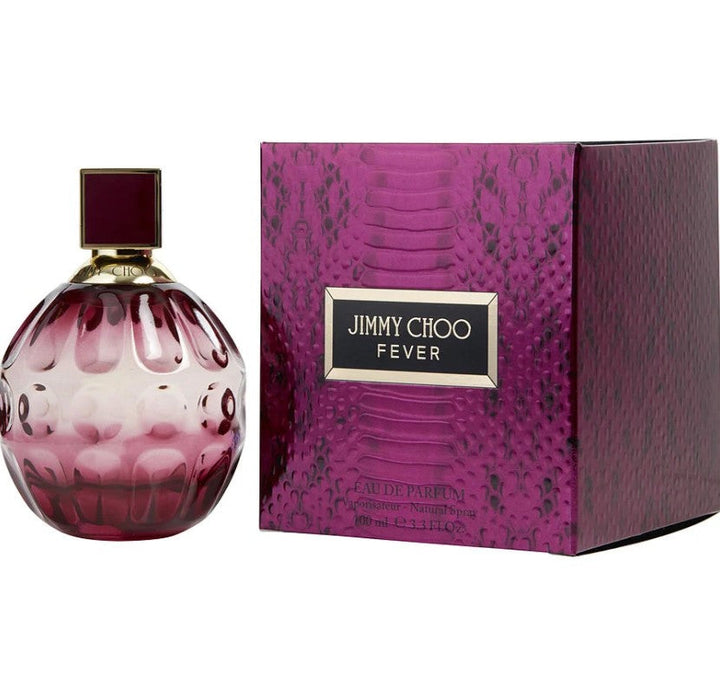 Jimmy Choo Fever 3.3 oz EDP displayed at Paris Connection Perfumes, exuding a bold and seductive scent with rich notes of black cherry, vanilla, and floral accords.