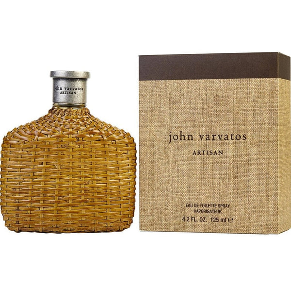 John Varvatos Artisan Men 4.2 oz Eau de Toilette Spray, featuring a unique woven bottle design that embodies a rustic charm, displayed at Paris Connection Perfumes.