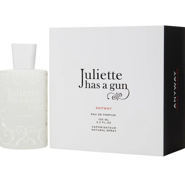 Juliette Has A Gun Anyway 3.3 oz EDP bottle, featuring a stylish design that embodies a playful yet sophisticated fragrance, available at Paris Connection Perfumes.
