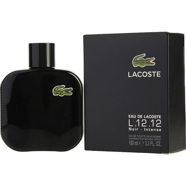 LACOSTE NOIR 3.3 OZ EDT M is a sleek black bottle showcasing the essence of sophistication and modern masculinity, featuring a crocodile logo and a minimalist design, perfect for a stylish and confident man.