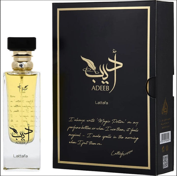 LATTAFA ADEEB 2.7 OZ EDP is a captivating fragrance presented in an elegantly designed bottle, showcasing rich notes that evoke a sense of warmth and allure, perfect for both everyday wear and special occasions. The packaging reflects the luxurious essence of the perfume, making it a stylish addition to any collection.