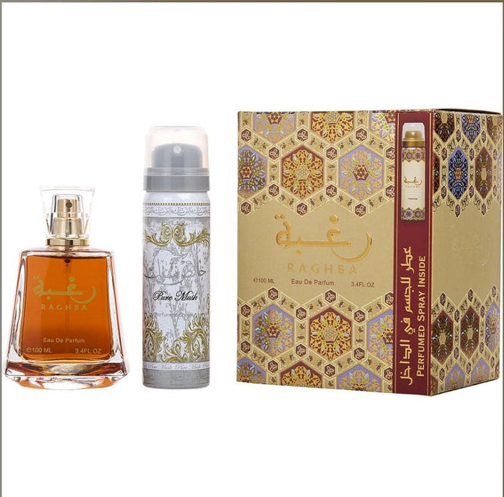 LATTAFA RACHBA 3.4 OZ EDP fragrance bottle displayed on a stylish surface, showcasing its elegant design and luxurious packaging. The background highlights the essence of the perfume, creating an inviting atmosphere for potential buyers at Paris Connection Perfumes.