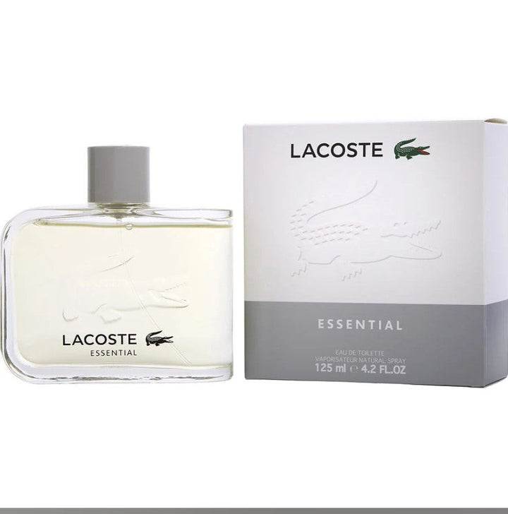 LACOSTE ESSENTIAL 4.2 OZ EDT M fragrance bottle, featuring a sleek design with the iconic Lacoste logo, showcasing its fresh and invigorating scent for men available at Paris Connection Perfumes