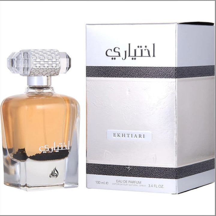 Lattafa Ekhtiari 3.4 oz EDP bottle featuring an elegant design with a deep blue glass finish and a golden cap, set against a soft, neutral background to highlight the fragrance's luxurious appeal.