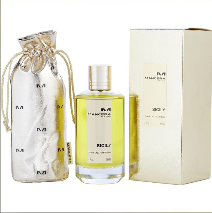 MANCERA SICILY 4 OZ EDP showcasing a vibrant and fruity fragrance in an elegant bottle, ideal for both casual and formal occasions, highlighting notes of citrus and floral accords. The bottle design is luxurious, reflecting the essence of a sophisticated scent perfect for summer wear.