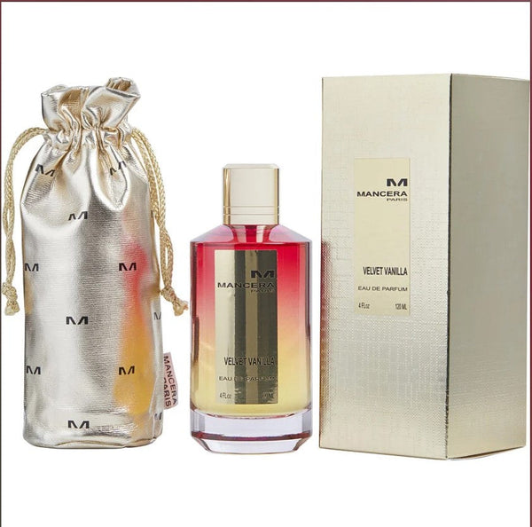 MANCERA VELVET VAINILLA 4 OZ ED fragrance bottle showcasing a luxurious design with a rich vanilla scent, ideal for women seeking warmth and indulgence in their perfume collection. The bottle features elegant packaging, reflecting the sophistication of the fragrance inside.