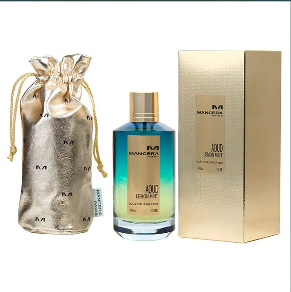 Mancera Aoud Lemon Mint 4 oz bottle, featuring a sleek design with a vibrant yellow-green hue. The fragrance is an aromatic blend of fresh lemon and mint notes, evoking a refreshing and invigorating scent. Ideal for those seeking a unique and luxurious fragrance experience.