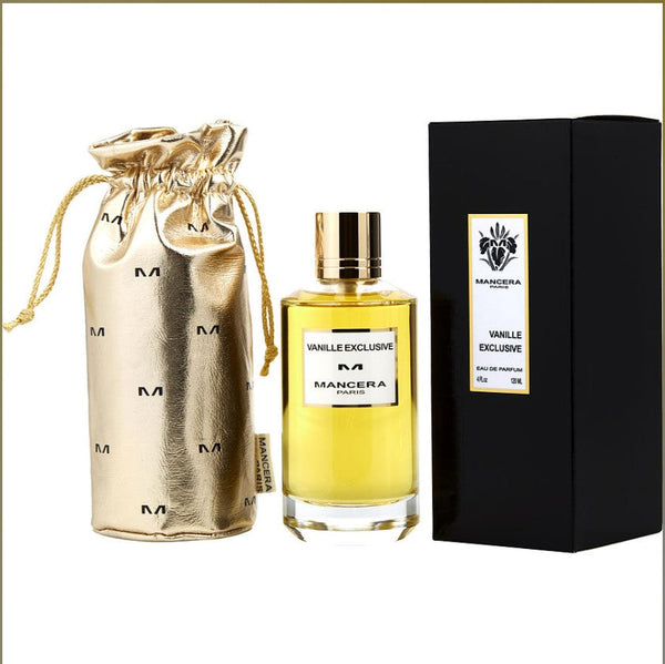 Mancera Vanille Exclusive 4 oz perfume bottle featuring an elegant design with a gold cap and rich amber liquid, evoking a luxurious and warm vanilla scent perfect for special occasions.