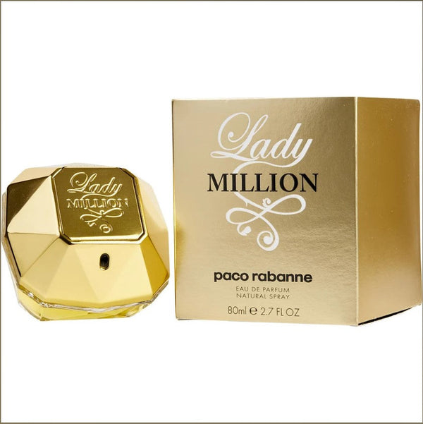 LADY MILLION 2.7 OZ EDP W at Paris Connection Perfumes: Elegant perfume bottle with a striking gold design, symbolizing luxury and femininity, featuring floral and fruity notes for a captivating scent.