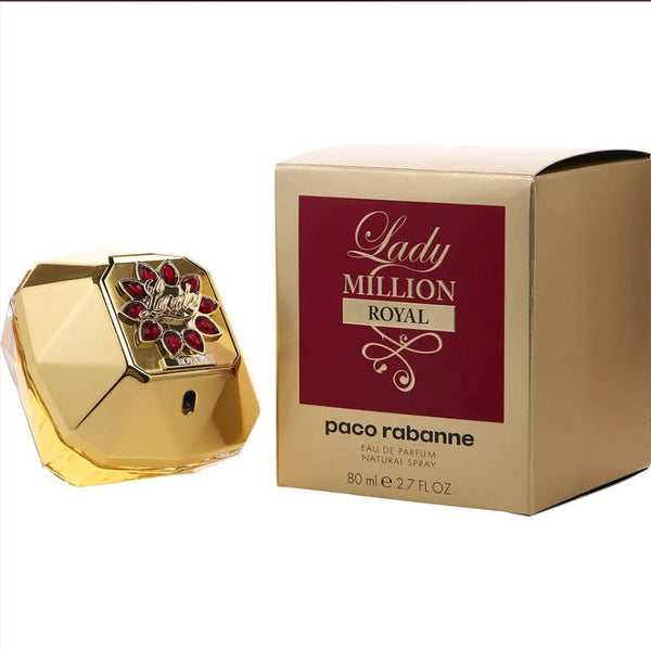 Lady Million Royal 2.7 oz Eau de Parfum bottle featuring an elegant diamond-shaped design, showcasing a rich golden color and adorned with luxurious branding, set against a softly blurred background that highlights its opulence.