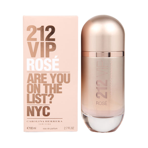 A sleek bottle of 212 VIP Rose Woman by Carolina Herrera, featuring a soft pink hue with a metallic finish, representing the sophisticated and vibrant fragrance designed for modern women. Shop Now at Paris Connection Perfumes!