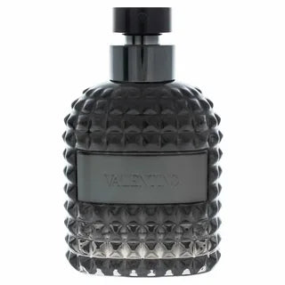 Valentino Uomo Intense Eau De Parfum Spray 3.4 oz available at Paris Connection Perfumes, showcasing a sleek, minimalist bottle design with a rich, deep hue, packaged in a stylish box that reflects the fragrance's bold and intense character