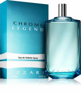 CHROME LEGEND 4.2 OZ EDT by Paris Connection Perfumes – sleek metallic blue bottle with a modern design, packaged in a stylish silver and blue box.