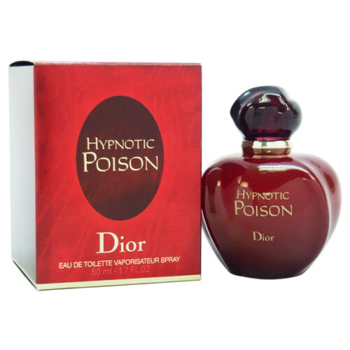 A close-up of the luxurious bottle of HYPNOTIC POISON 3.4 OZ EDT by Paris Connection Perfumes, showcasing its elegant design with a captivating dark purple hue and a striking black cap, perfectly presented in an ornate red box.