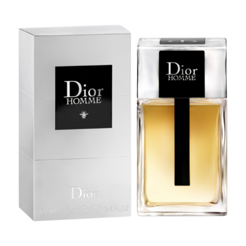 Elegant DIOR HOMME 3.4 OZ EDT from Paris Connection Perfumes, featuring a sleek glass bottle with a modern design, elegantly housed in a minimalist black box, showcasing sophistication and luxury.