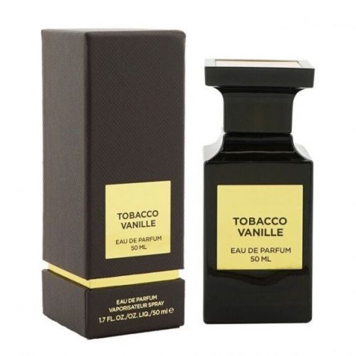 The TOM FORD TOBACCO VANILLE 1.7 OZ fragrance from Paris Connection Perfumes, featuring a stylish square bottle with a bold, dark hue, exuding elegance. The sophisticated packaging complements the luxurious scent, making it an exquisite addition to any perfume collection.